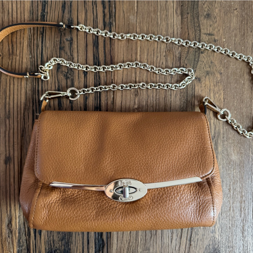 Coach Brown Leather Crossbody Bag with Silver Chain